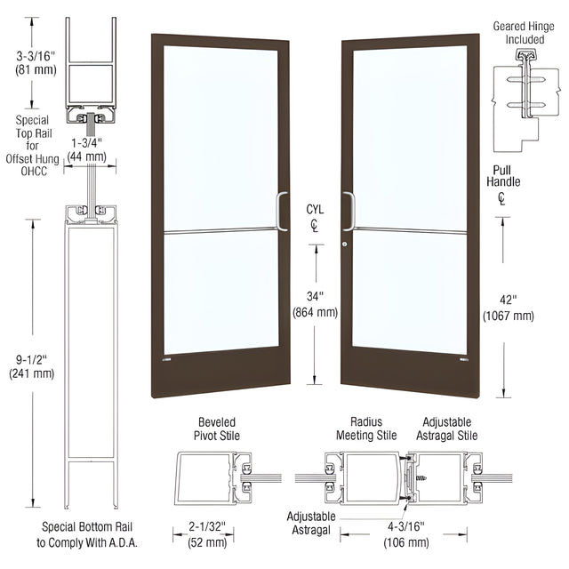CRL-U.S. Aluminum Bronze Black Anodized Custom Pair Series 250 Narrow Stile Geared Hinged Entrance Doors for Overhead Concealed Door Closers