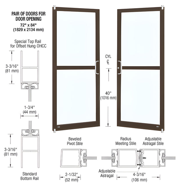 CRL-U.S. Aluminum Bronze Black Anodized Custom Pair Series 250 Narrow Stile Offset Pivot Entrance Doors for Panics for Overhead Concealed Door Closers