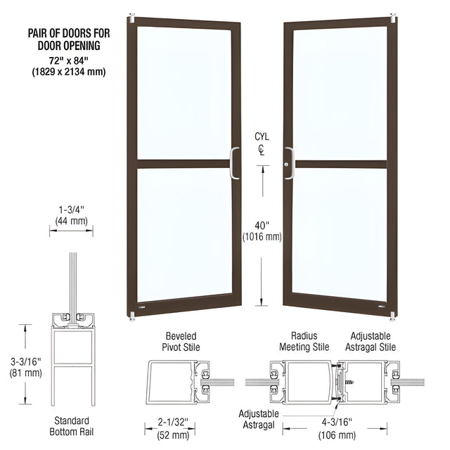 CRL-U.S. Aluminum Bronze Black Anodized Custom Pair Series 250 Narrow Stile Offset Pivot Entrance Doors For Panics for Surface Mount Door Closers