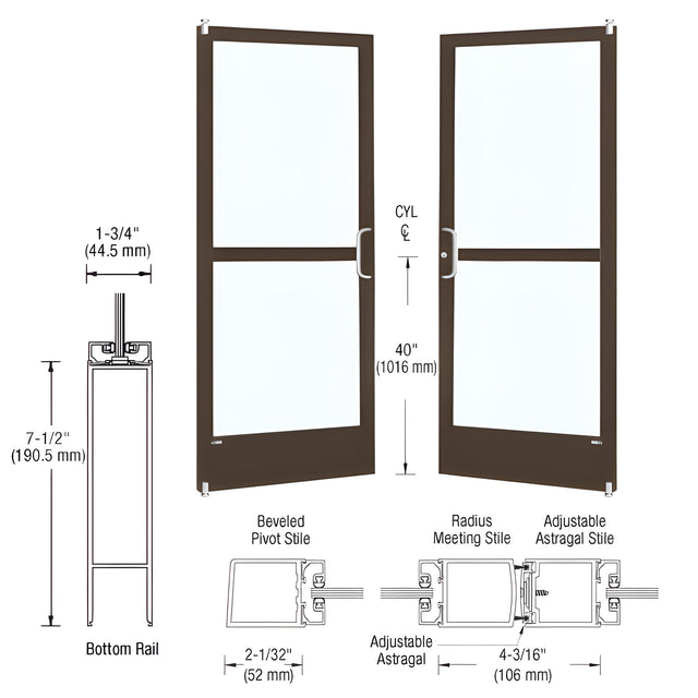 CRL-U.S. Aluminum Bronze Black Anodized Custom Pair Series 250 Narrow Stile Offset Pivot Entrance Doors With Panics for Surface Mount Door Closers
