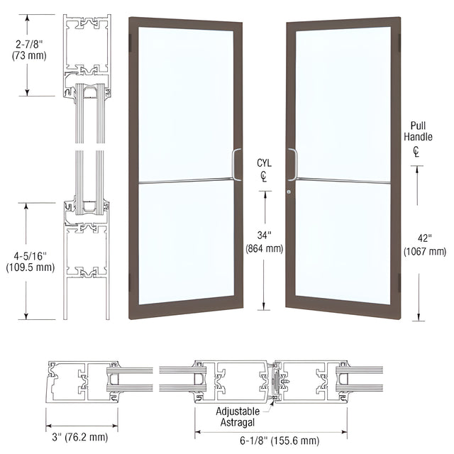 CRL-U.S. Aluminum Bronze Black Anodized Custom Pair Series 250T Narrow Stile Butt Hinge Thermal Entrance Doors for Surface Mount Door Closers