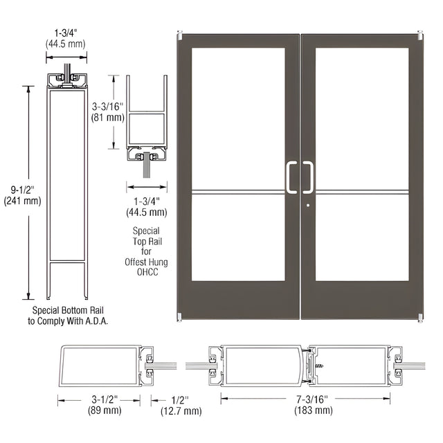 CRL-U.S. Aluminum Bronze Black Anodized Custom Pair Series 400 Medium Stile Offset Pivot Entrance Doors for Overhead Concealed Door Closers