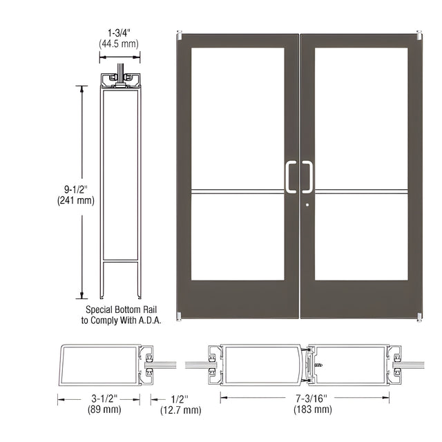 CRL-U.S. Aluminum Bronze Black Anodized Custom Pair Series 400 Medium Stile Offset Pivot Entrance Doors for Surface Mount Door Closers