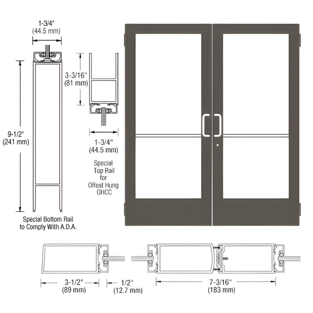 CRL-U.S. Aluminum Bronze Black Anodized Custom Pair Series 400 Medium Stile Butt Hinged Entrance Door for Overhead Concealed Door Closers
