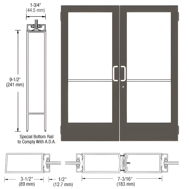 CRL-U.S. Aluminum Bronze Black Anodized Custom Pair Series 400 Medium Stile Butt Hinged Entrance Door for Surface Mount Door Closer