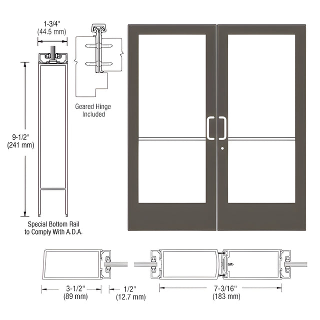 CRL-U.S. Aluminum Bronze Black Anodized Custom Pair Series 400 Medium Stile Geared Hinge Entrance Door for Surface Mount Door Closers