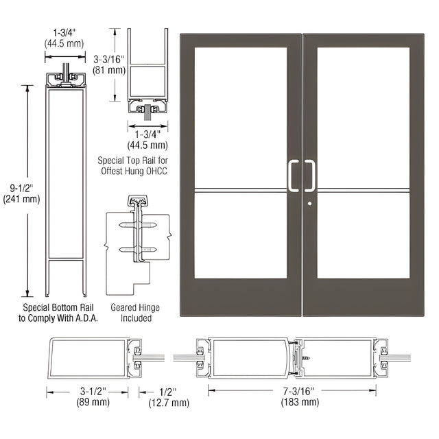 CRL-U.S. Aluminum Bronze Black Anodized Custom Pair Series 400 Medium Stile Geared Hinge Entrance Door for Overhead Concealed Door Closers