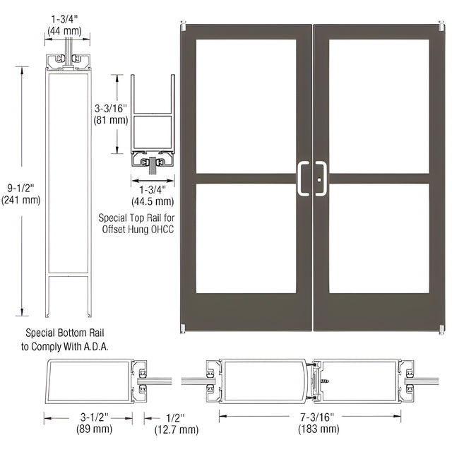 CRL-U.S. Aluminum Bronze Black Anodized Custom Pair Series 400 Medium Stile Offset Pivot Entrance Doors With Panics for Overhead Concealed Door Closers