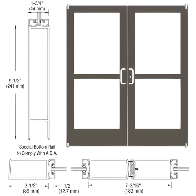 CRL-U.S. Aluminum Bronze Black Anodized Custom Pair Series 400 Medium Stile Offset Pivot Entrance Doors With Panics for Surface Mount Door Closers