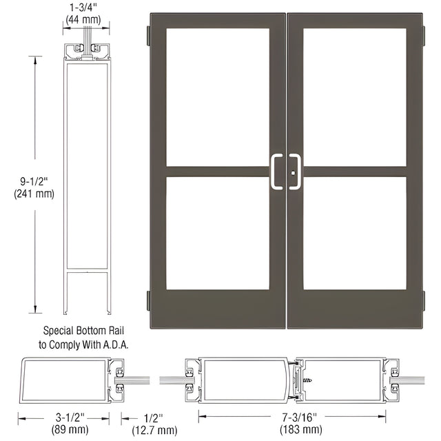 CRL-U.S. Aluminum Bronze Black Anodized Custom Pair Series 400 Medium Stile Butt Hinged Entrance Doors With Panics for Surface Mount Door Closers