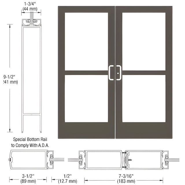 CRL-U.S. Aluminum Bronze Black Anodized Custom Pair Series 400 Medium Stile Center Pivot Entrance Doors With Panics for Overhead Concealed Door Closers