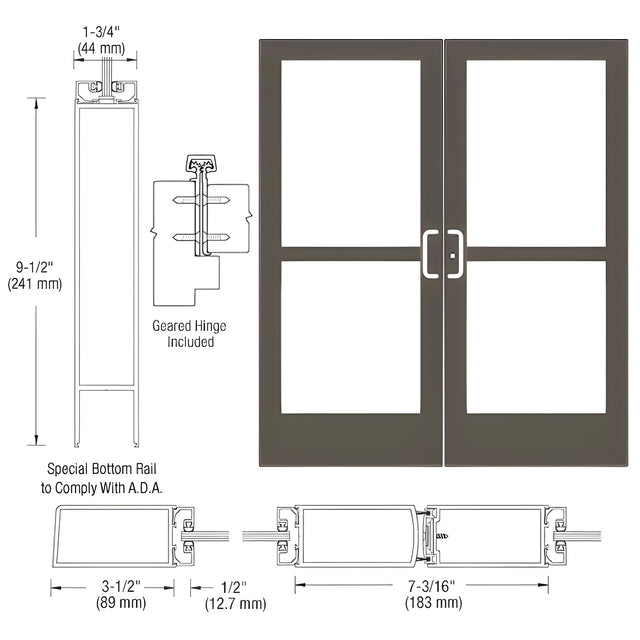 CRL-U.S. Aluminum Bronze Black Anodized Custom Pair Series 400 Medium Stile Geared Hinge Entrance Doors for Surface Mount Door Closers