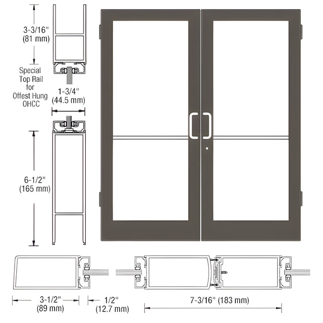 CRL-U.S. Aluminum Bronze Black Anodized Custom Pair Series 400 Medium Stile Butt Hinged Entrance Door for Overhead Concealed Door Closers