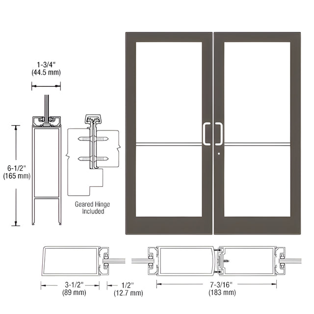 CRL-U.S. Aluminum Bronze Black Anodized Custom Pair Series 400 Medium Stile Geared Hinge Entrance Doors for Surface Mount Door Closers