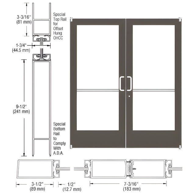 CRL-U.S. Aluminum Bronze Black Anodized Custom Pair Series 400 Medium Stile Offset Pivot Entrance Doors for Overhead Concealed Door Closers
