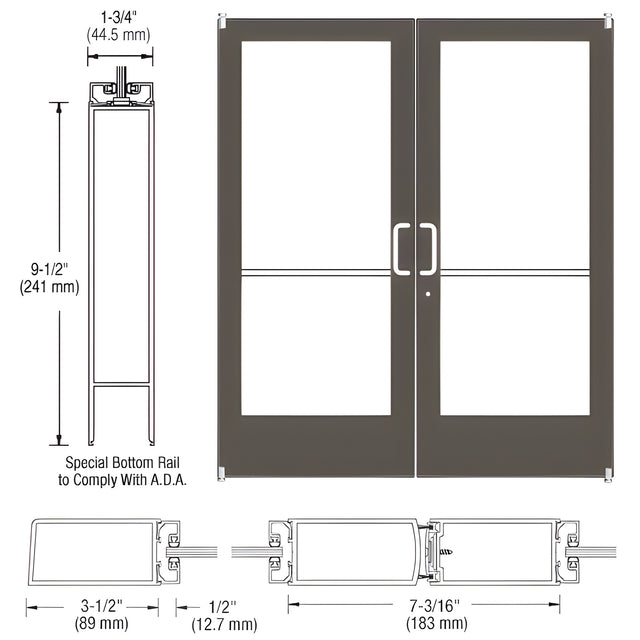 CRL-U.S. Aluminum Bronze Black Anodized Custom Pair Series 400 Medium Stile Offset Pivot Entrance Doors for Surface Mount Door Closer