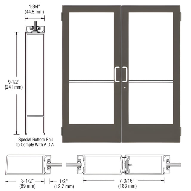 CRL-U.S. Aluminum Bronze Black Anodized Custom Pair Series 400 Medium Stile Butt Hinged Entrance Doors for Surface Mount Door Closers
