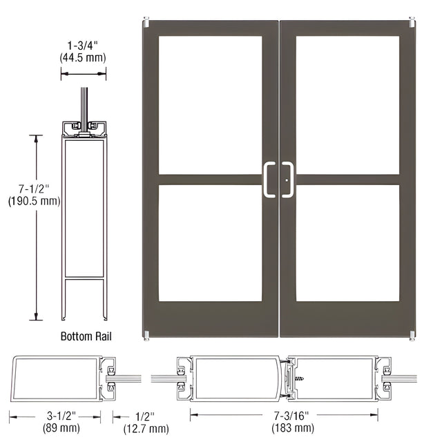 CRL-U.S. Aluminum Bronze Black Anodized Custom Pair Series 400 Medium Stile Offset Pivot Entrance Doors With Panics for Surface Mount Door Closers