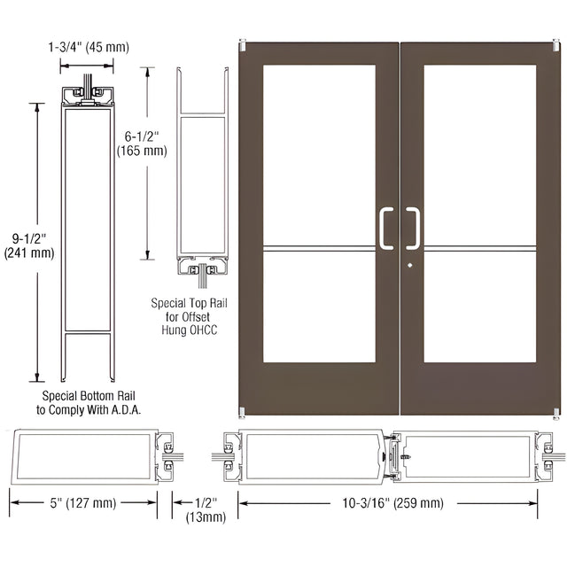 CRL-U.S. Aluminum Bronze Black Anodized Custom Pair Series 550 Wide Stile Offset Pivot Entrance Door for Overhead Concealed Door Closers