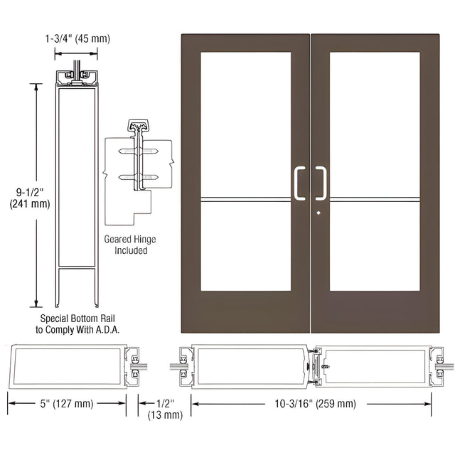 CRL-U.S. Aluminum Bronze Black Anodized Custom Pair Series 550 Wide Stile Geared Hinge Entrance Door for Surface Mount Door Closers