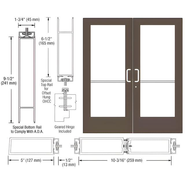 CRL-U.S. Aluminum Bronze Black Anodized Custom Pair Series 550 Wide Stile Geared Hinge Entrance Doors for Overhead Concealed Door Closers
