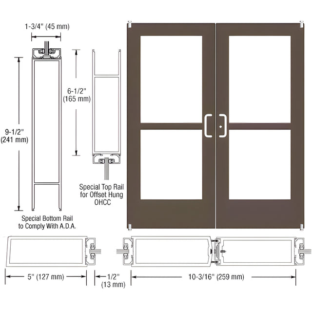 CRL-U.S. Aluminum Bronze Black Anodized Custom Pair Series 550 Wide Stile Offset Pivot Entrance Door With Panics for Overhead Concealed Door Closers