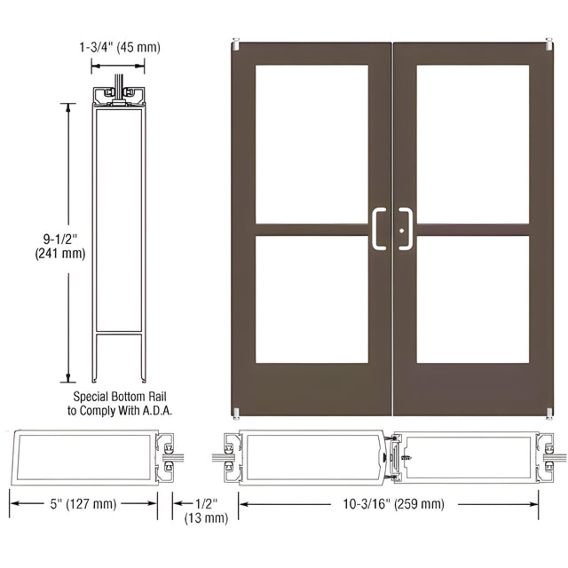 CRL-U.S. Aluminum Bronze Black Anodized Custom Pair Series 550 Wide Stile Offset Pivot Entrance Door With Panics for Surface Mount Door Closers