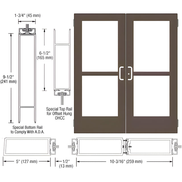 CRL-U.S. Aluminum Bronze Black Anodized Custom Pair Series 550 Wide Stile Butt Hinge Entrance Doors With Panics for Overhead Concealed Door Closers