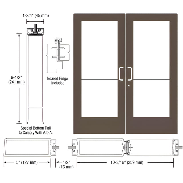 CRL-U.S. Aluminum Bronze Black Anodized Custom Pair Series 550 Wide Stile Geared Hinge Entrance Doors for Surface Mount Door Closers