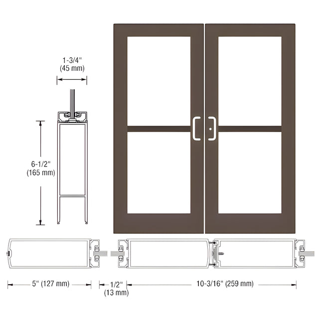 CRL-U.S. Aluminum Bronze Black Anodized Custom Pair Series 550 Wide Stile Center Pivot Entrance Doors With Panics for Overhead Concealed Door Closers
