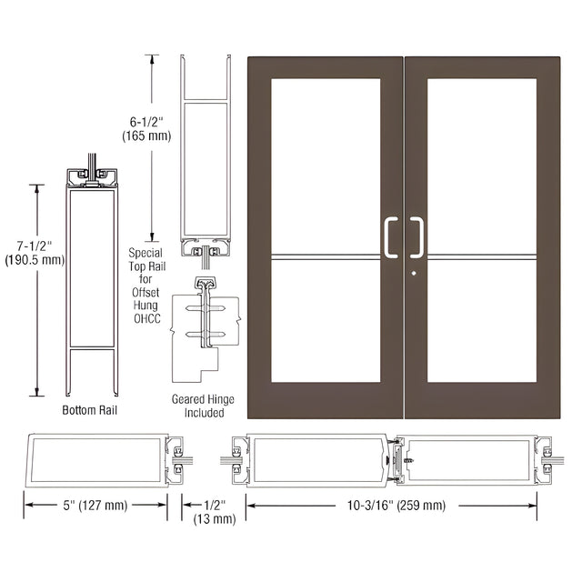 CRL-U.S. Aluminum Bronze Black Anodized Custom Pair Series 550 Wide Stile Geared Hinge Entrance Doors for Overhead Concealed Door Closers