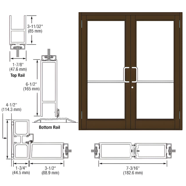 CRL-U.S. Aluminum Bronze Black Anodized Custom Pair Series 800 Durafront Medium Stile Butt Hinge Entrance Doors for Surface Mount Door Closers