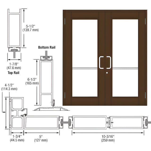 CRL-U.S. Aluminum Bronze Black Anodized Custom Pair Series 850 Durafront Wide Stile Butt Hinged Entrance Doors for Surface Mount Door Closers