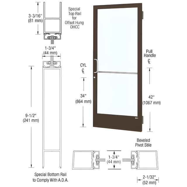 CRL-U.S. Aluminum Bronze Black Anodized Custom Single 36" x 84" Series 250 Narrow Stile Butt Hinge Entrance Door for OHCC
