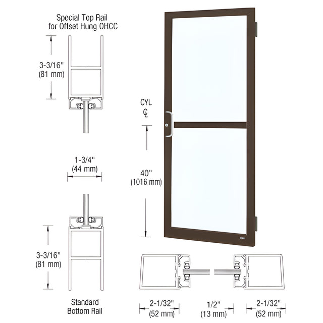CRL-U.S. Aluminum Bronze Black Anodized Custom Single 36" x 84" Series 250 Narrow Stile Butt Hinge Entrance Door For Panic and OHCC