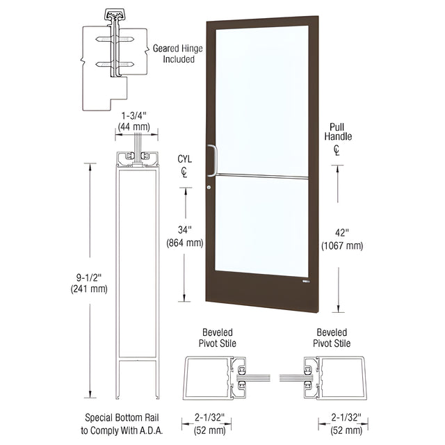 CRL-U.S. Aluminum Bronze Black Anodized Custom Single Series 250 Narrow Stile Geared Hinge Entrance Door for Surface Mount Door Closer