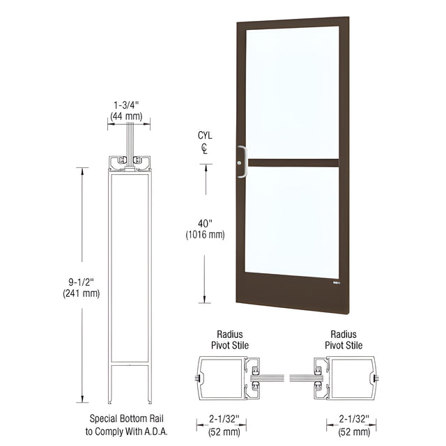 CRL-U.S. Aluminum Bronze Black Anodized Custom Single Series 250 Narrow Stile Center Pivot Entrance Door With Panic for Overhead Concealed Door Closer
