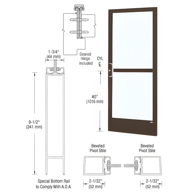 CRL-U.S. Aluminum Bronze Black Anodized Custom Single Series 250 Narrow Stile Geared Hinge Entrance Door With Panic for Surface Mount Door Closer