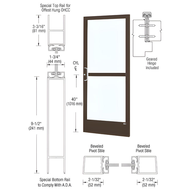 CRL-U.S. Aluminum Bronze Black Anodized Custom Single Series 250 Narrow Stile Geared Hinge Entrance Door With Panic for Overhead Concealed Door Closer