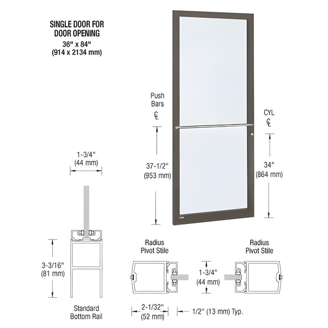 CRL-U.S. Aluminum Bronze Black Anodized Custom Single Series 250 Narrow Stile Center Pivot Entrance Door for Overhead Concealed Door Closer