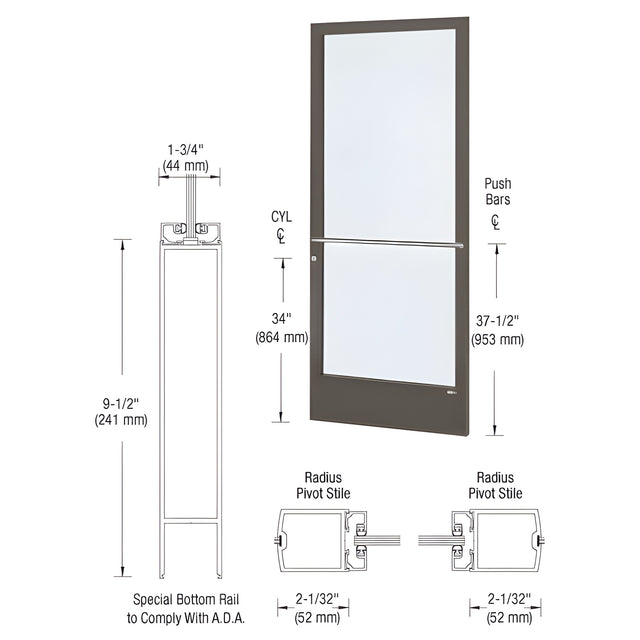 CRL-U.S. Aluminum Bronze Black Anodized Custom Single Series 250 Narrow Stile Center Pivot Entrance Door for Overhead Concealed Door Closer