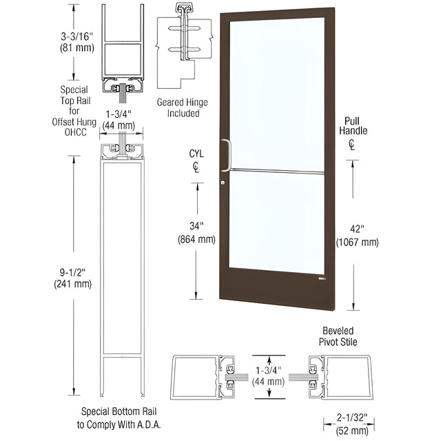 CRL-U.S. Aluminum Bronze Black Anodized Custom Single Series 250 Narrow Stile Geared Hinge Entrance Door for Overhead Concealed Door Closer