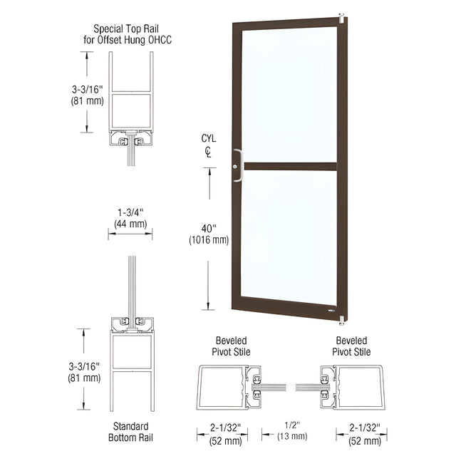 CRL-U.S. Aluminum Bronze Black Anodized Custom Single Series 250 Narrow Stile Offset Pivot Entrance Door for Panic and Overhead Concealed Door Closer