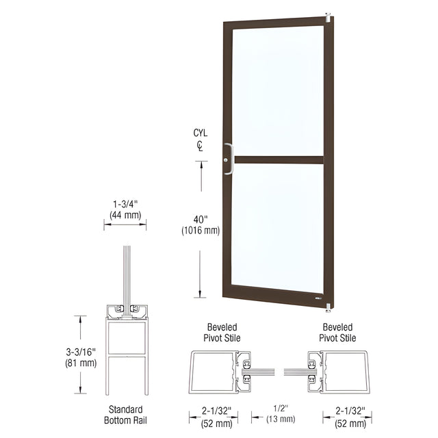 CRL-U.S. Aluminum Bronze Black Anodized Custom Single Series 250 Narrow Stile Offset Pivot Entrance Door with Panic for Surface Mount Door Closer