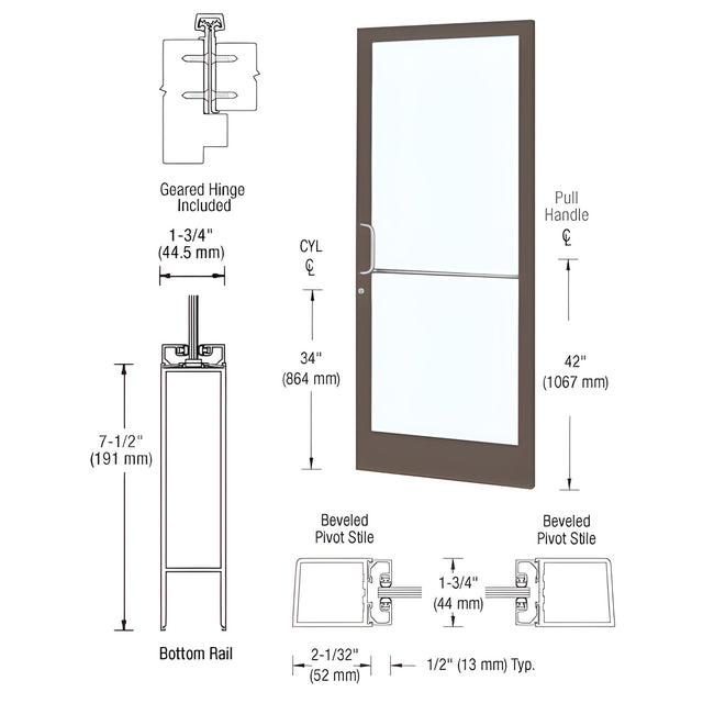 CRL-U.S. Aluminum Bronze Black Anodized Custom Single Series 250 Narrow Stile Geared Hinge Entrance Door for Surface Mount Door Closer