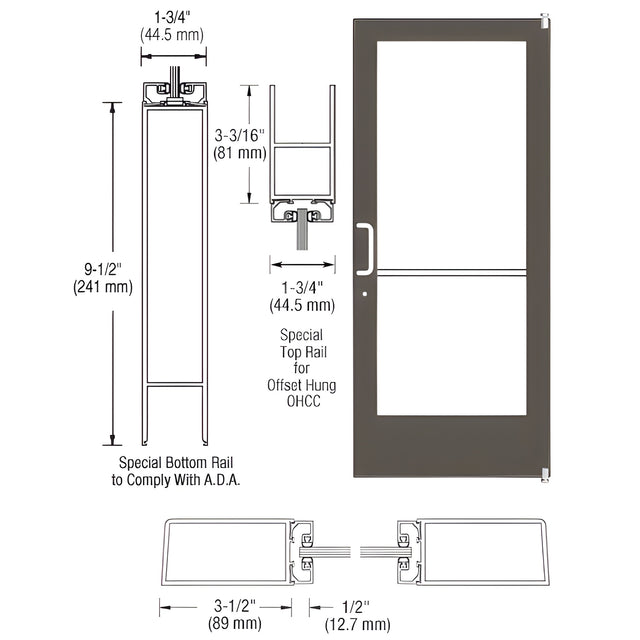 CRL-U.S. Aluminum Bronze Black Anodized Custom Single Series 400 Medium Stile Offset Pivot Entrance Door for Overhead Concealed Door Closer