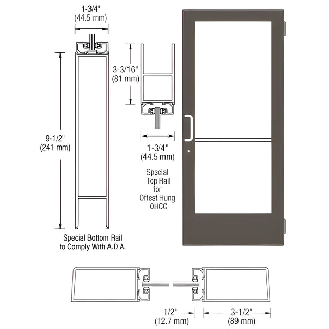 CRL-U.S. Aluminum Bronze Black Anodized Custom Single Series 400 Medium Stile Butt Hinged Entrance Door for Overhead Concealed Door Closer