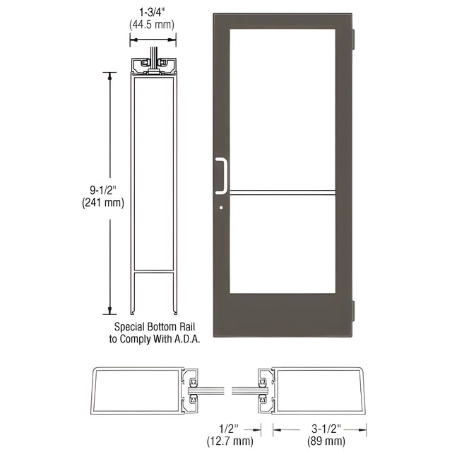 CRL-U.S. Aluminum Bronze Black Anodized Custom Single Series 400 Medium Stile Butt Hinged Entrance Door for Surface Mount Door Closer