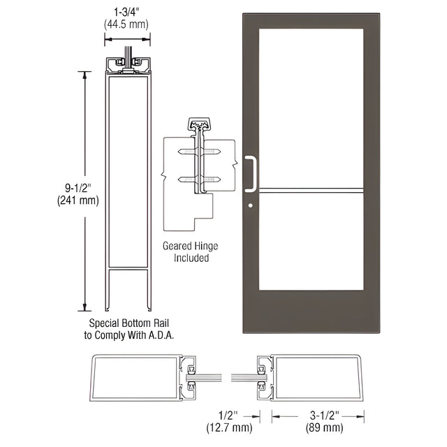 CRL-U.S. Aluminum Bronze Black Anodized Custom Single Series 400 Medium Stile Geared Hinge Entrance Door for Surface Mount Door Closer