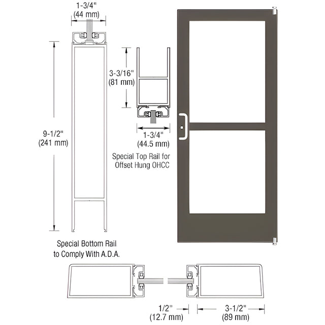CRL-U.S. Aluminum Bronze Black Anodized Custom Single Series 400 Medium Stile Offset Pivot Entrance Door With Panic for Overhead Concealed Door Closer